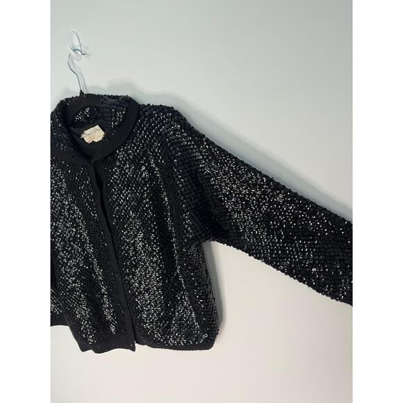 Riviera Sequin Wool Cardigan Sweater Womens‎ 40 Black Vintage Beaded Button Up - Picture 7 of 8